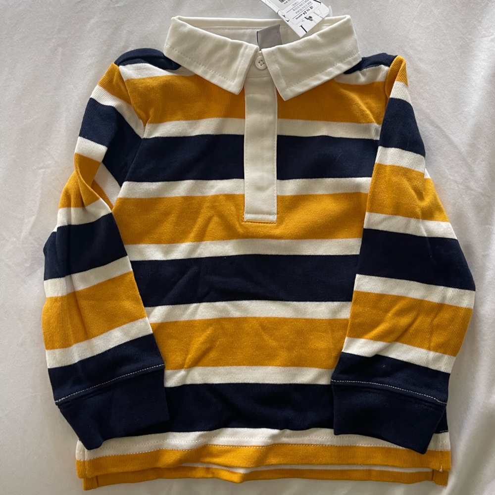 Janie and Jack Striped Rugby Shirt in Navy, Gold, and White
